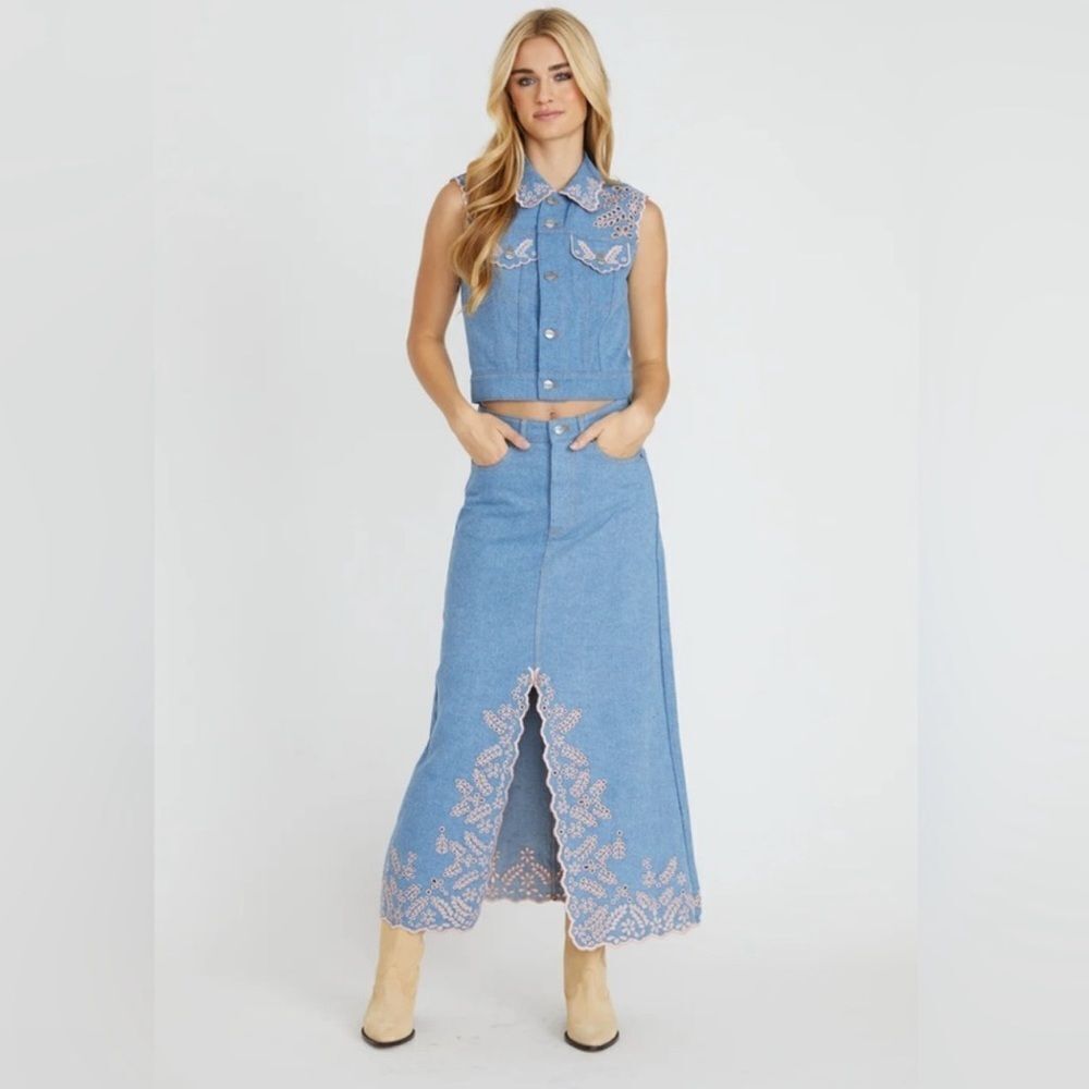 Driftwood/Free People Serena Maxi Denim Embroidered Skirt in Pink Promise